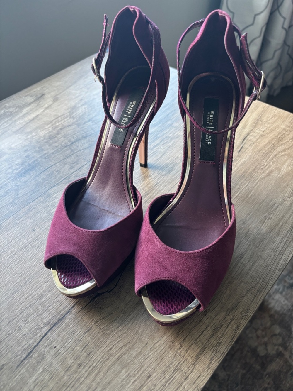 White House Black Market Burgundy Suede Peep-Toe Ankle-Strap Heels